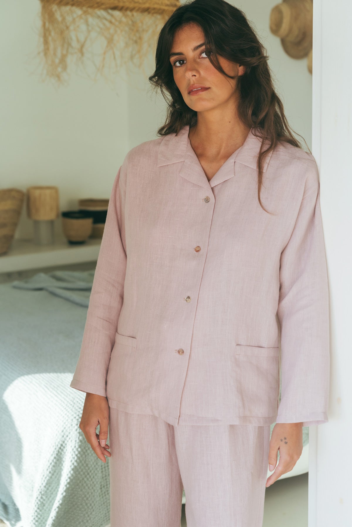 Snooze long sleeve linen pajama set in Dusty Rose