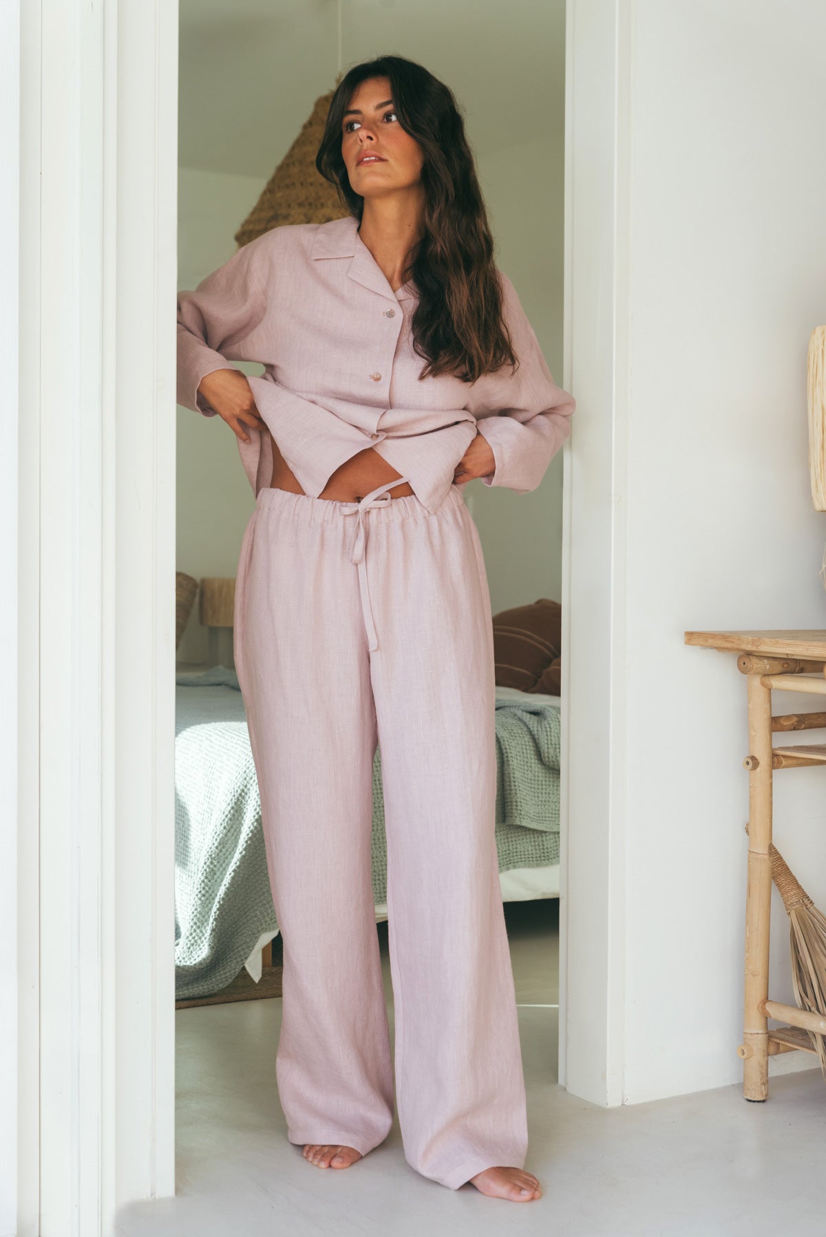 Snooze long sleeve linen pajama set in Dusty Rose